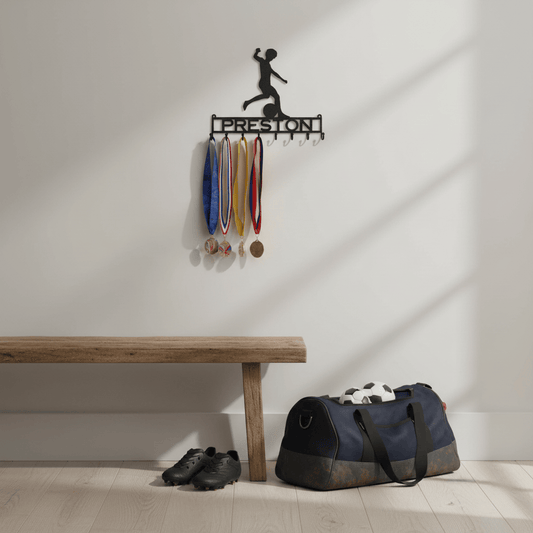 Rusty Rooster Fabrication & Design Physical product Medal Holder with Soccer Player Kicking Ball with Custom Text Field and 8 Hooks   (Z23)