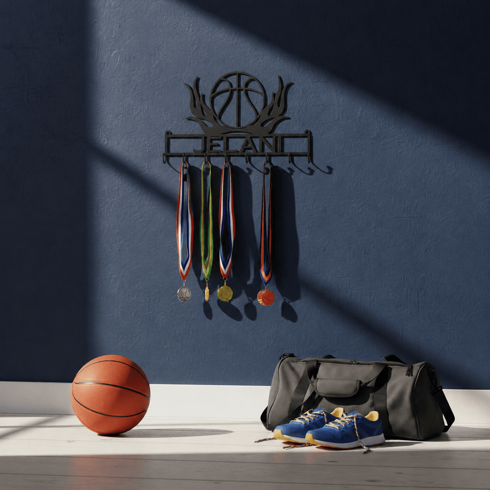Rusty Rooster Fabrication & Design Physical product Personalized Basketball Medal Rack – Flaming Ball & Custom Name (I11)
