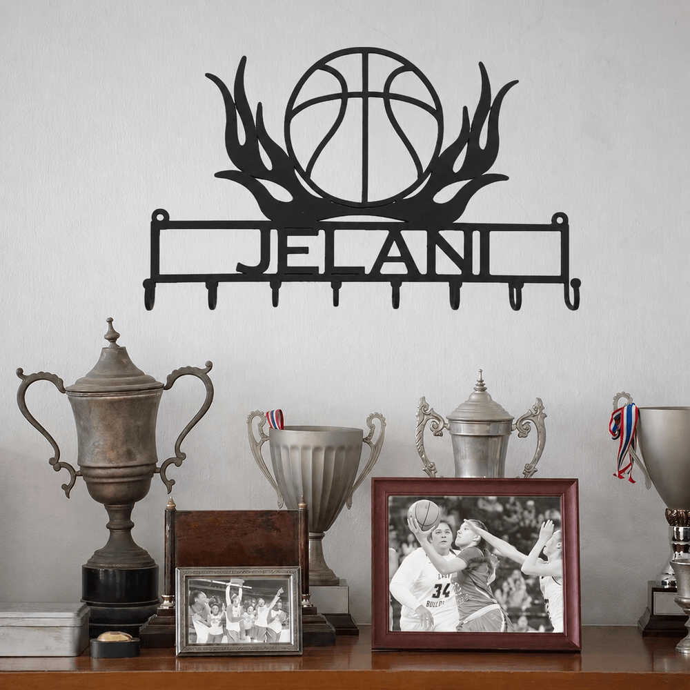 Rusty Rooster Fabrication & Design Physical product Personalized Basketball Medal Rack – Flaming Ball & Custom Name (I11)