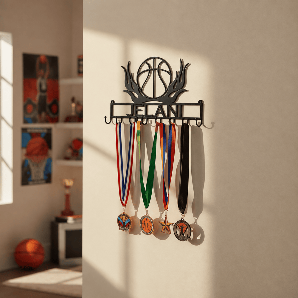 Rusty Rooster Fabrication & Design Physical product Personalized Basketball Medal Rack – Flaming Ball & Custom Name (I11)