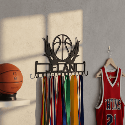 Rusty Rooster Fabrication & Design Physical product Personalized Basketball Medal Rack – Flaming Ball & Custom Name (I11)