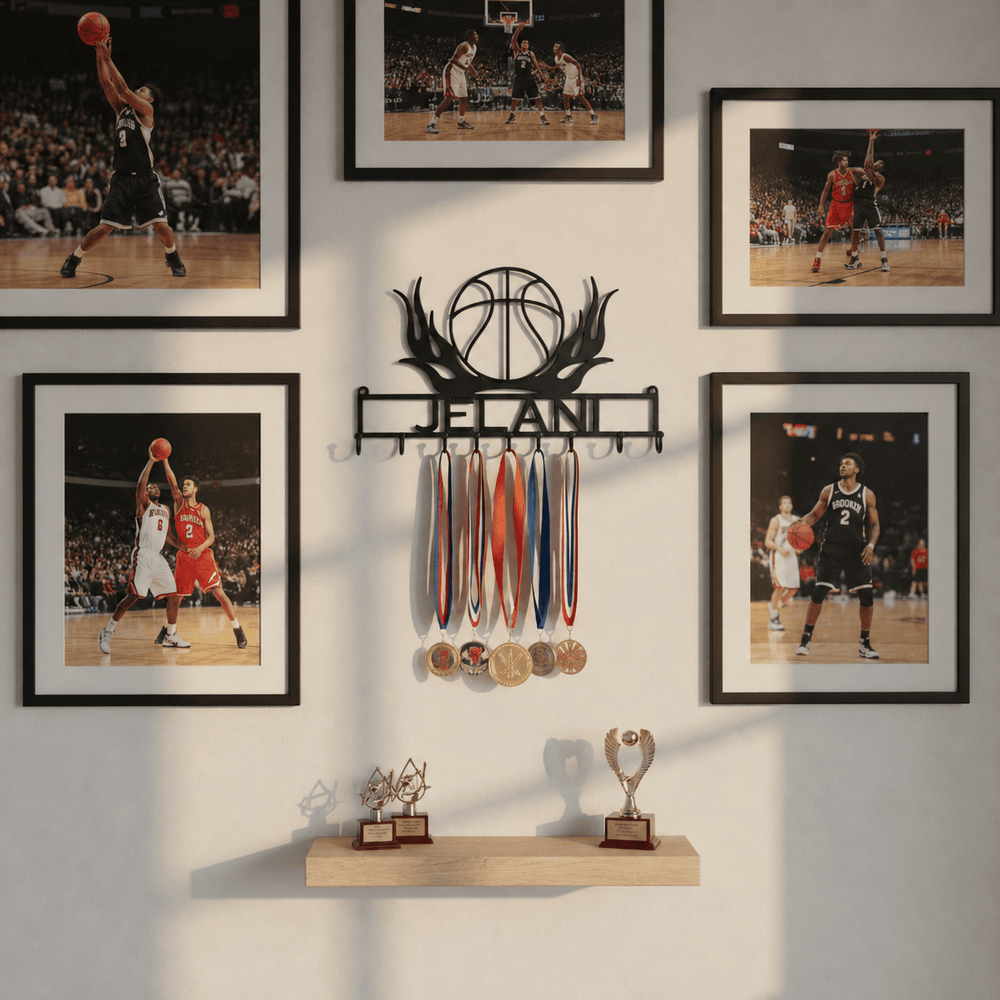 Rusty Rooster Fabrication & Design Physical product Personalized Basketball Medal Rack – Flaming Ball & Custom Name (I11)