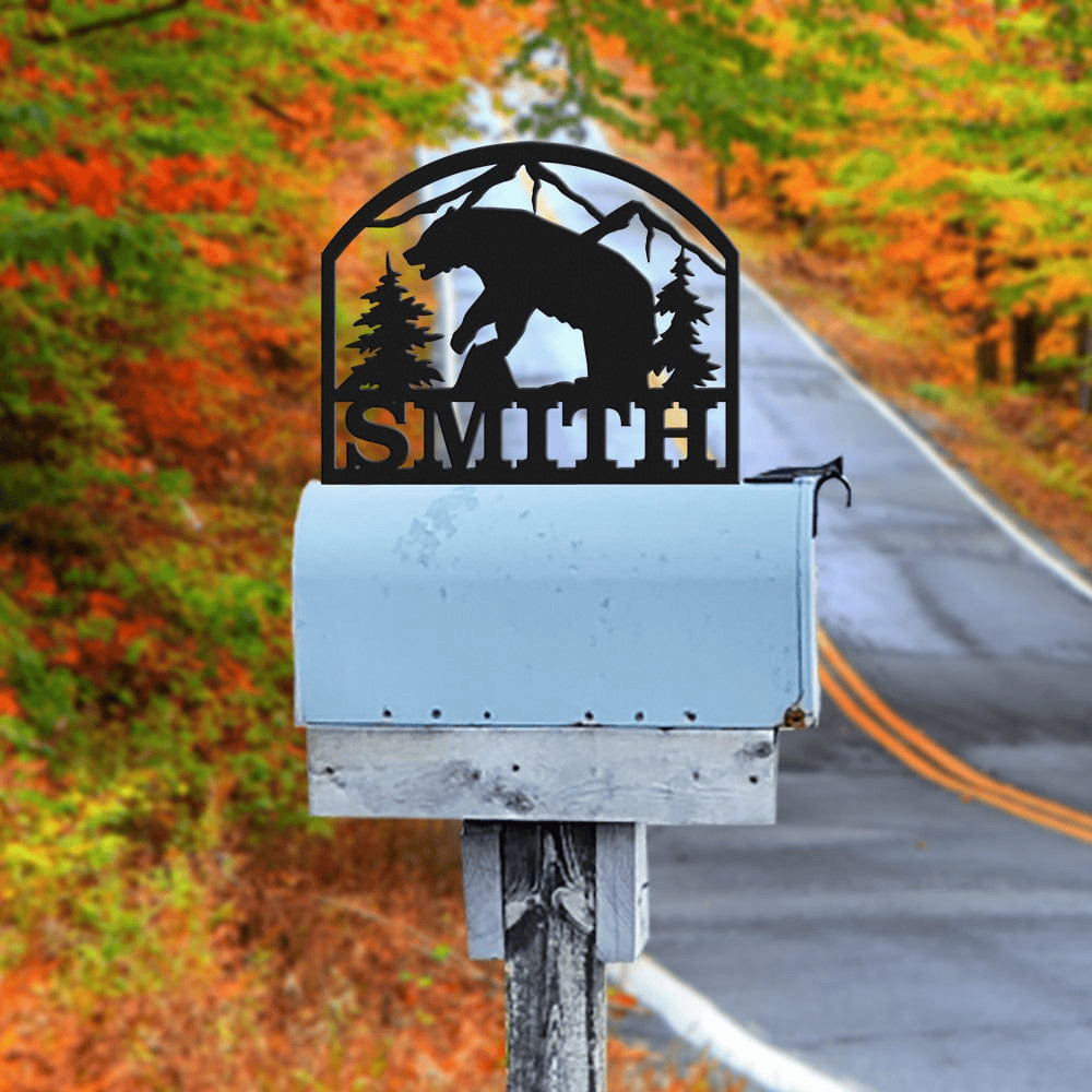 Rusty Rooster Fabrication & Design Physical product Personalized Bear Metal Mailbox Topper – Custom Outdoor Sign (E31)