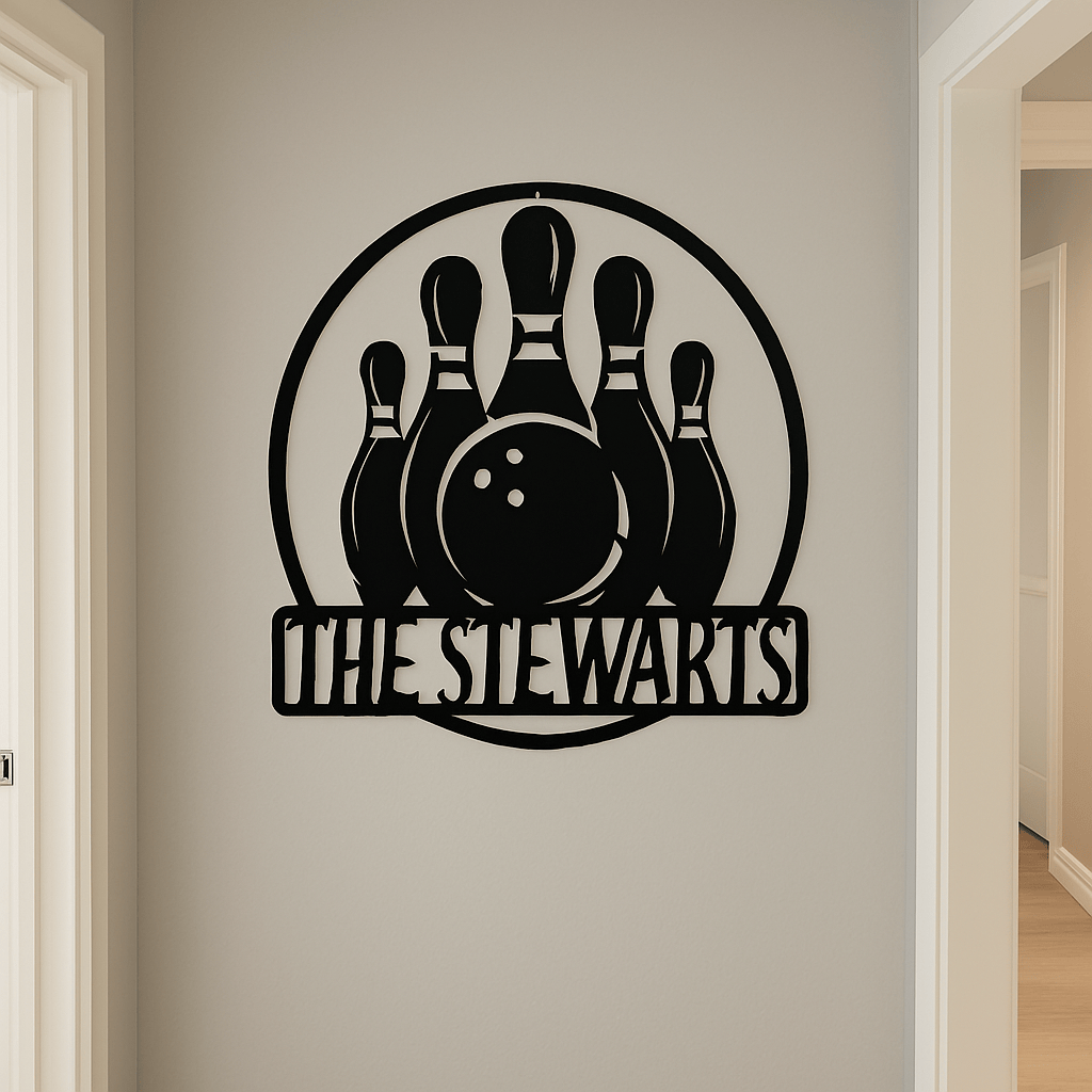 Rusty Rooster Fabrication & Design Physical product Personalized Bowling Ball with Pins Sign - Strike Up Some Fun (C76)