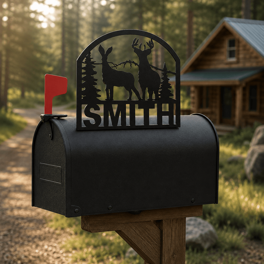 Rusty Rooster Fabrication & Design Physical product Personalized Buck & Doe Mountain Mailbox Topper (E32)