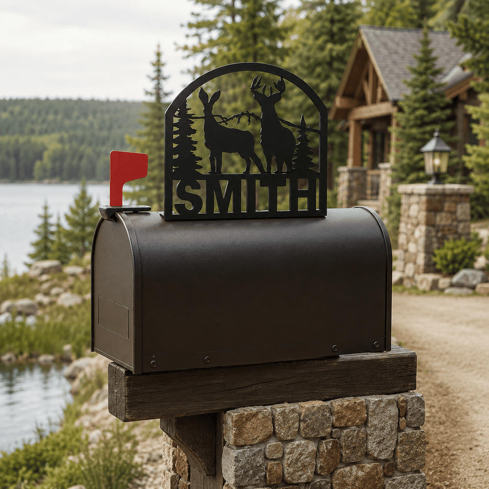 Rusty Rooster Fabrication & Design Physical product Personalized Buck & Doe Mountain Mailbox Topper (E32)