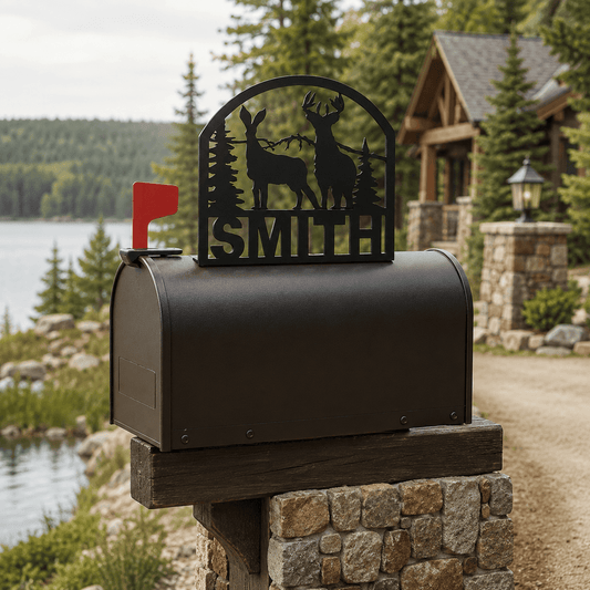 Rusty Rooster Fabrication & Design Physical product Personalized Buck & Doe Mountain Mailbox Topper (E32)