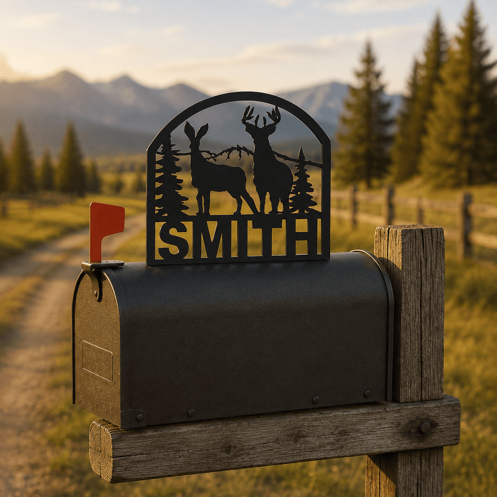 Rusty Rooster Fabrication & Design Physical product Personalized Buck & Doe Mountain Mailbox Topper (E32)