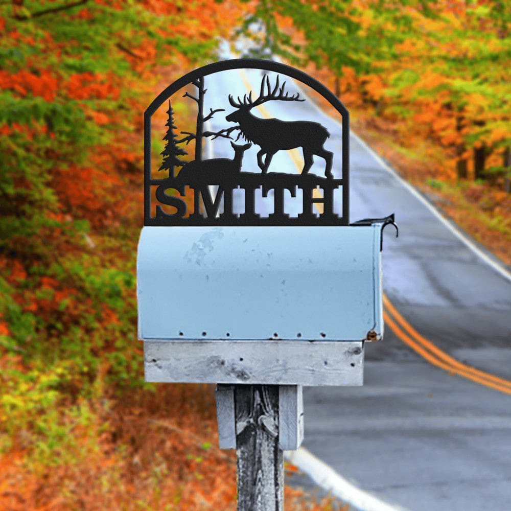 Rusty Rooster Fabrication & Design Physical product Personalized Bull Elk and Doe Metal Mailbox Topper (D39)