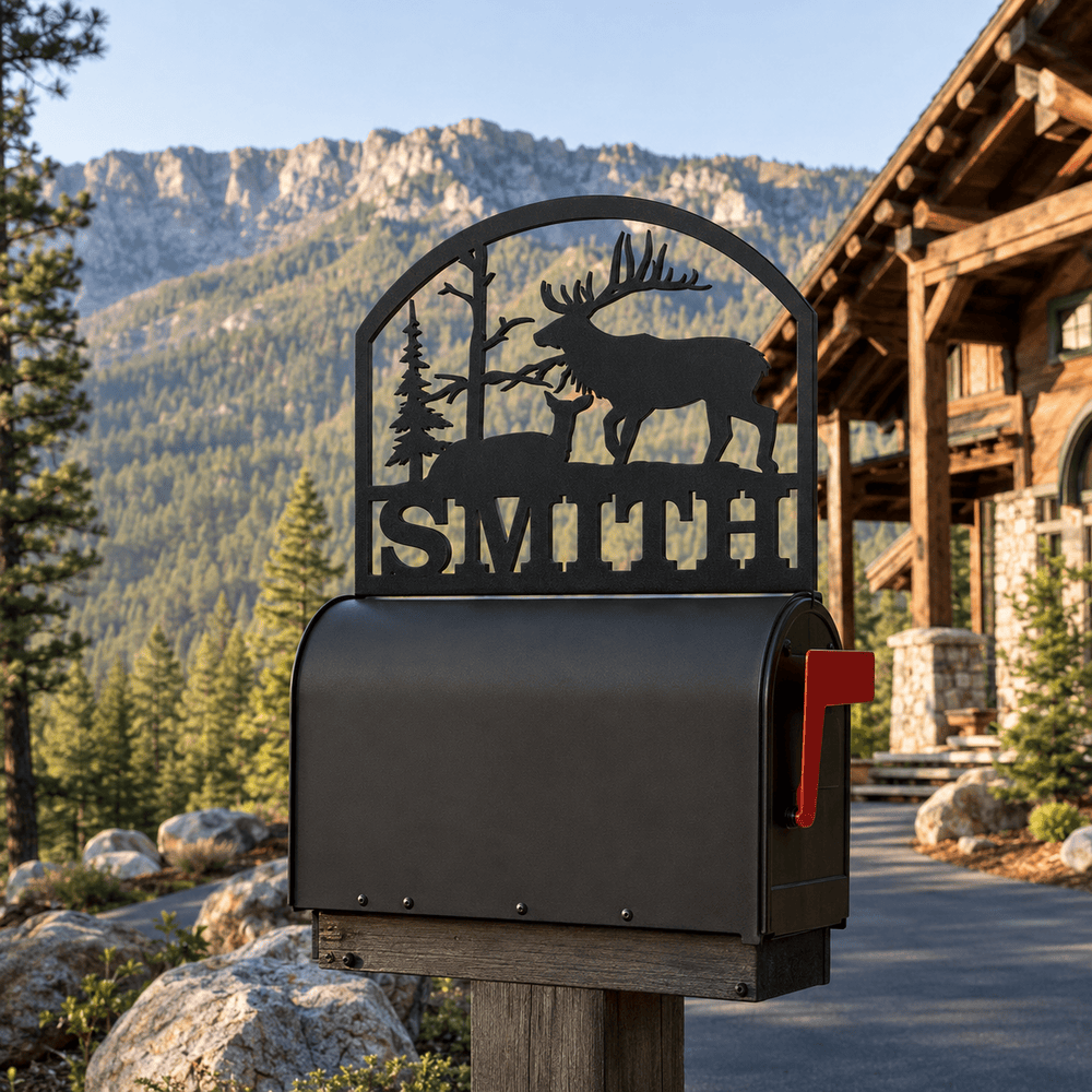Rusty Rooster Fabrication & Design Physical product Personalized Bull Elk and Doe Metal Mailbox Topper (D39)