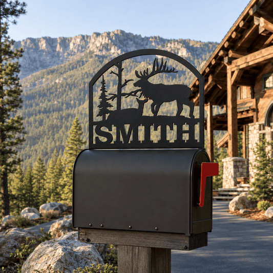 Rusty Rooster Fabrication & Design Physical product Personalized Bull Elk and Doe Metal Mailbox Topper (D39)