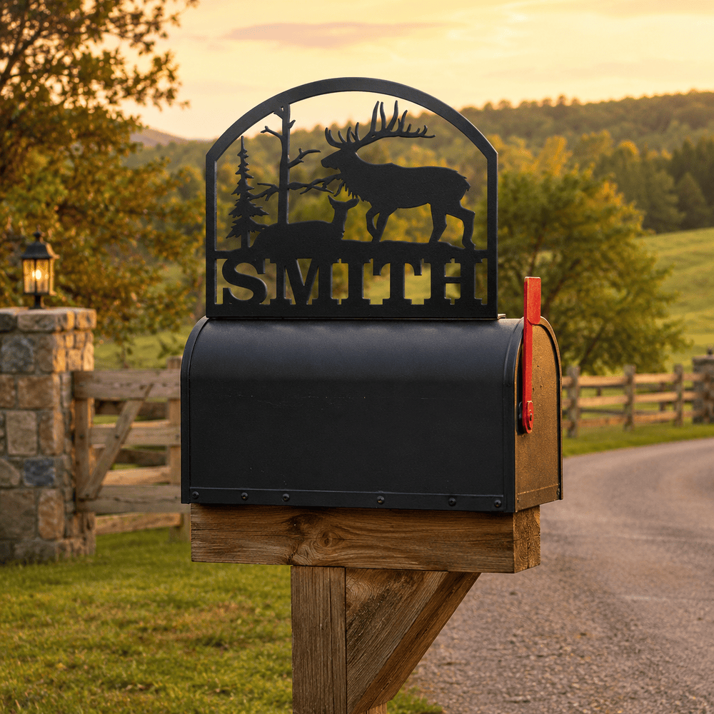 Rusty Rooster Fabrication & Design Physical product Personalized Bull Elk and Doe Metal Mailbox Topper (D39)