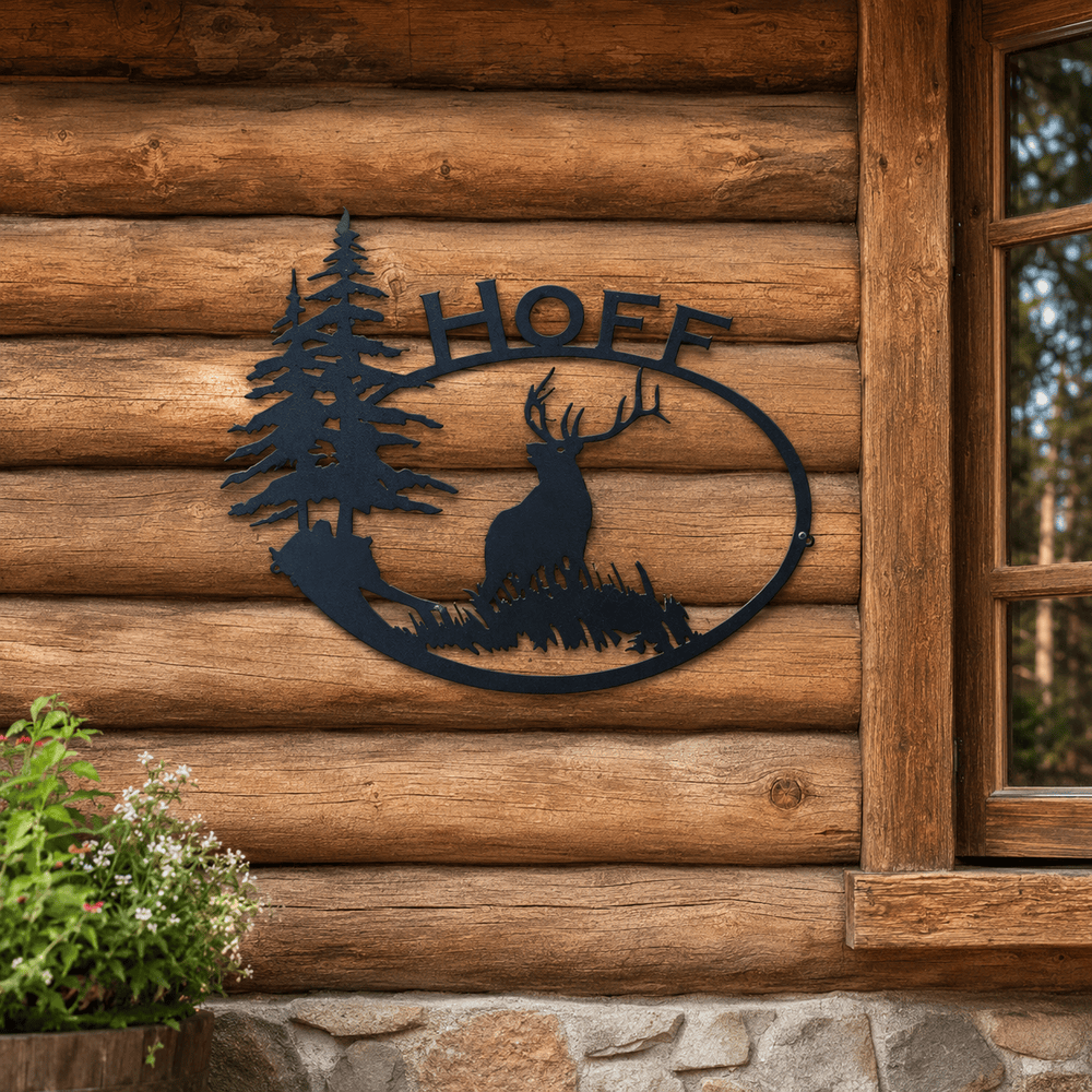 Rusty Rooster Fabrication & Design Physical product Personalized Bull Elk & Trees Metal Sign (F26)
