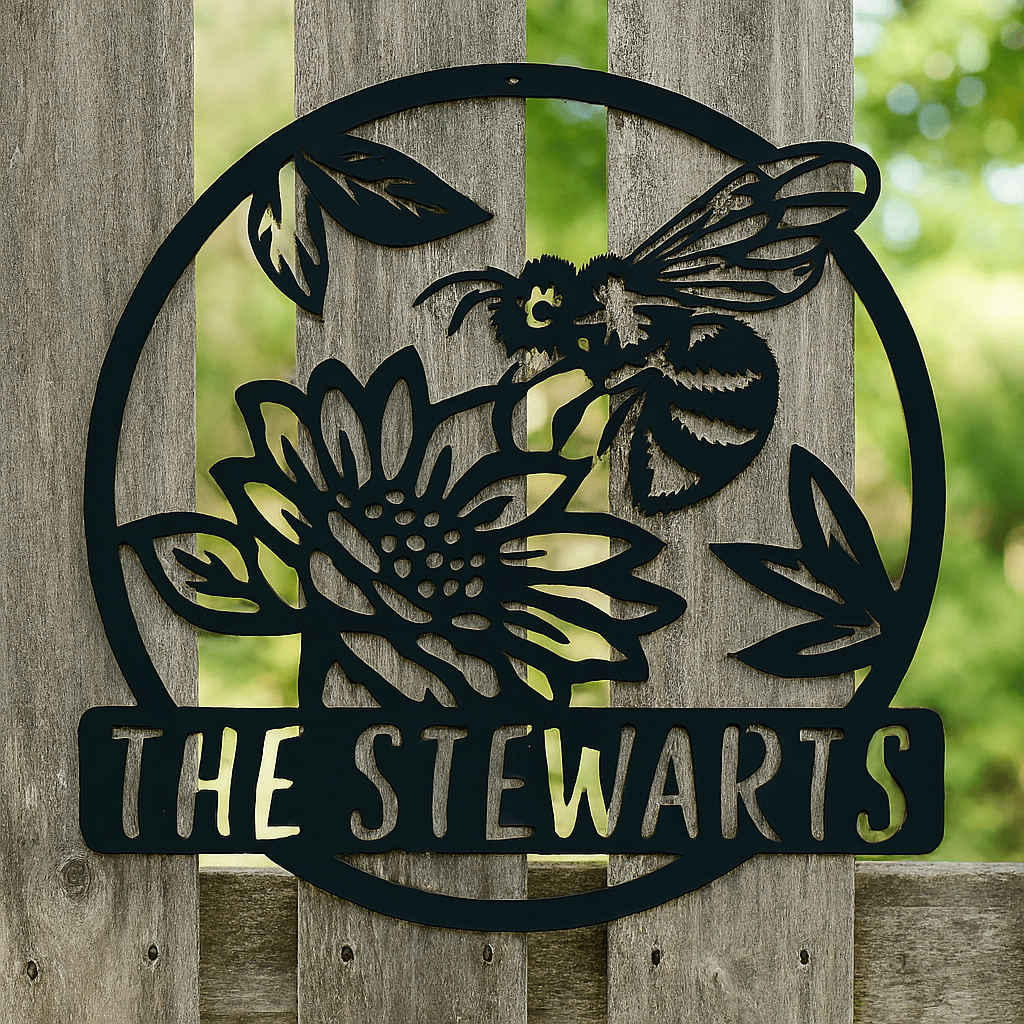 Rusty Rooster Fabrication & Design Physical product Personalized Bumble Bee with Flowers Sign - Garden Elegance (C77)