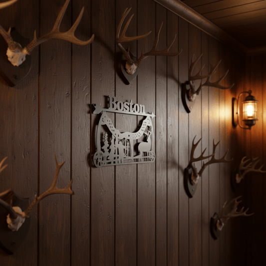 Personalized Compound Bow & Wildlife Scene Metal Sign – Custom Name Wall Art