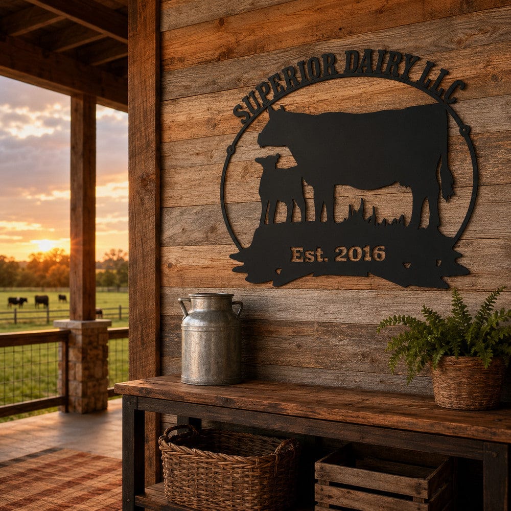 Personalized Cow and Calf Welcome Metal Sign