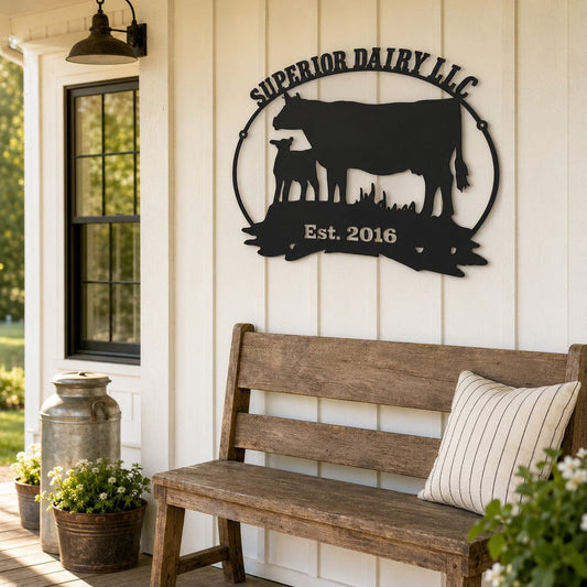 Personalized Cow and Calf Welcome Metal Sign