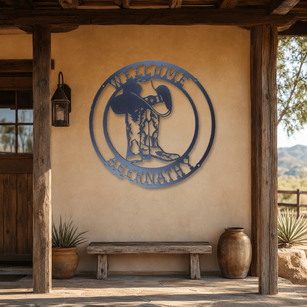 Rusty Rooster Fabrication & Design Physical product Personalized Cowboy Boots & Hat Welcome Sign (A38)
