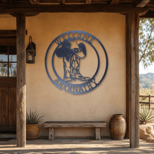 Rusty Rooster Fabrication & Design Physical product Personalized Cowboy Boots & Hat Welcome Sign (A38)