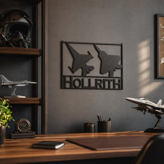 Personalized F-16 and F-22 metal sign with HOLLIRTH text displayed in an aviation-themed office