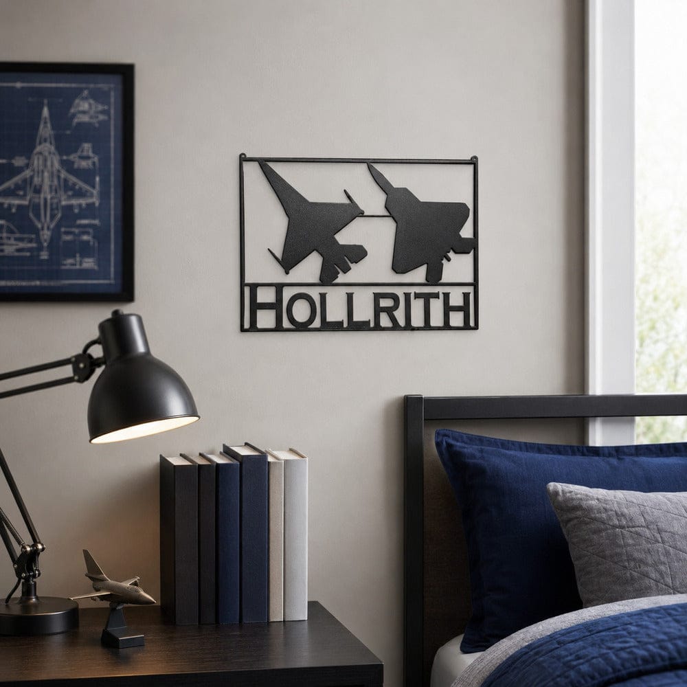 Custom F-16 and F-22 aviation sign displayed in a pilot-themed study