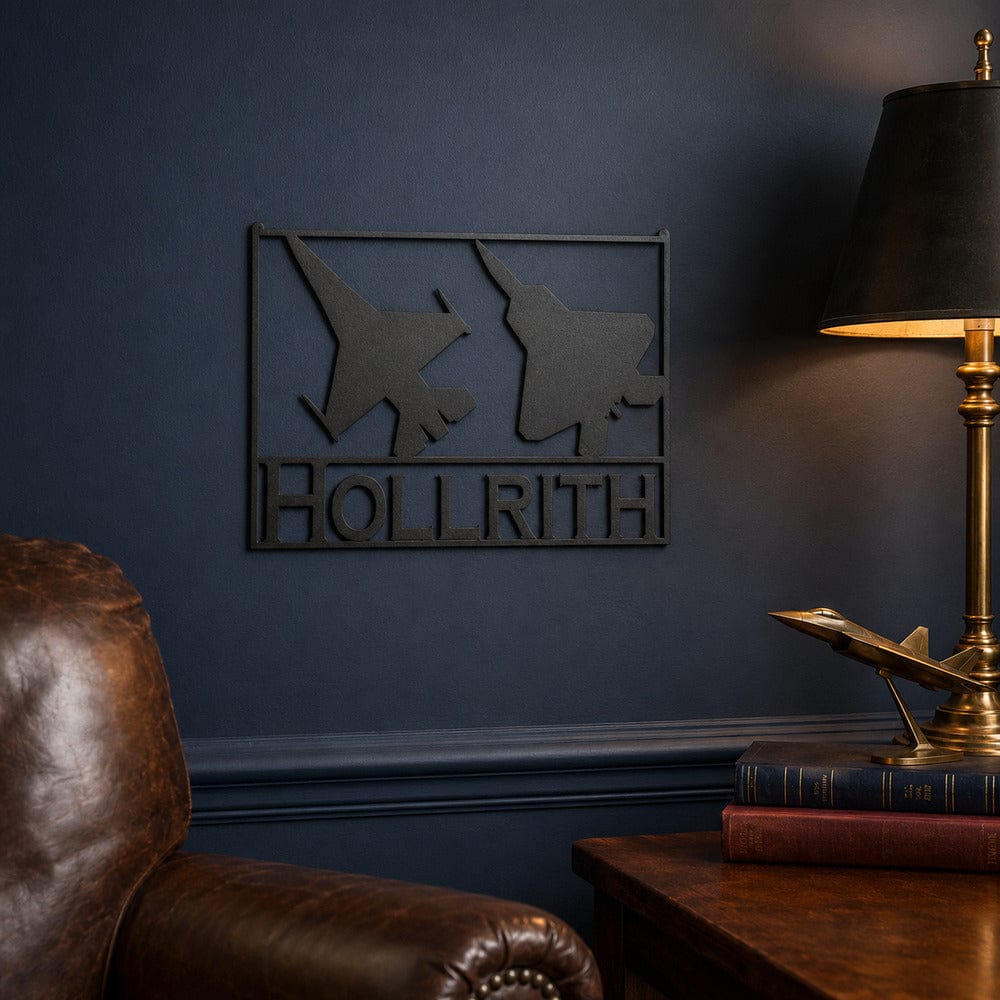 Personalized fighter jet metal wall sign displayed in a veteran-inspired den