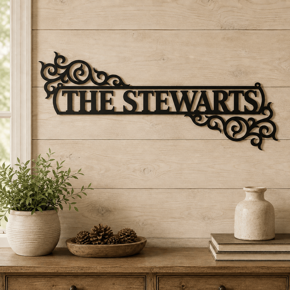 Rusty Rooster Fabrication & Design Physical product Personalized Family Name Metal Sign – Decorative Scroll Wall Art (E30)
