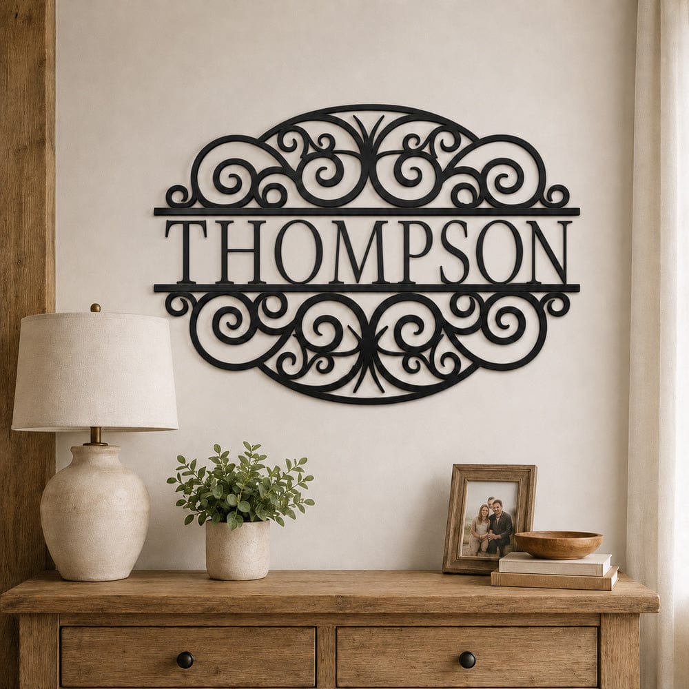 Rusty Rooster Fabrication & Design Physical product Personalized Family Name Metal Sign – Scrollwork Wall Decor (J22)