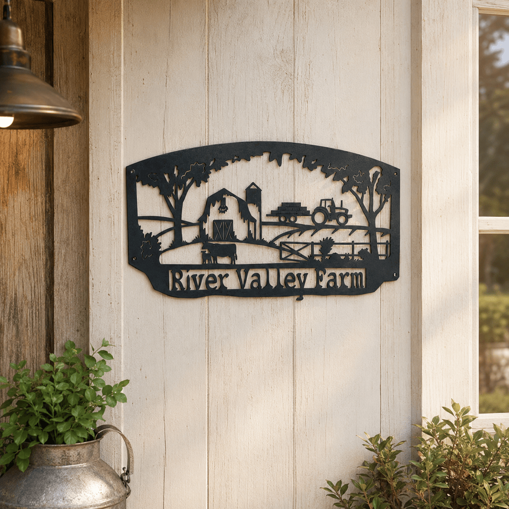 Rusty Rooster Fabrication & Design Physical product Personalized Farm Scene Metal Sign with Tractor & Cows (R23)