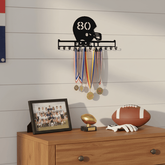 Rusty Rooster Fabrication & Design Physical product Personalized Football Medal Holder – Name & Number (Z26)