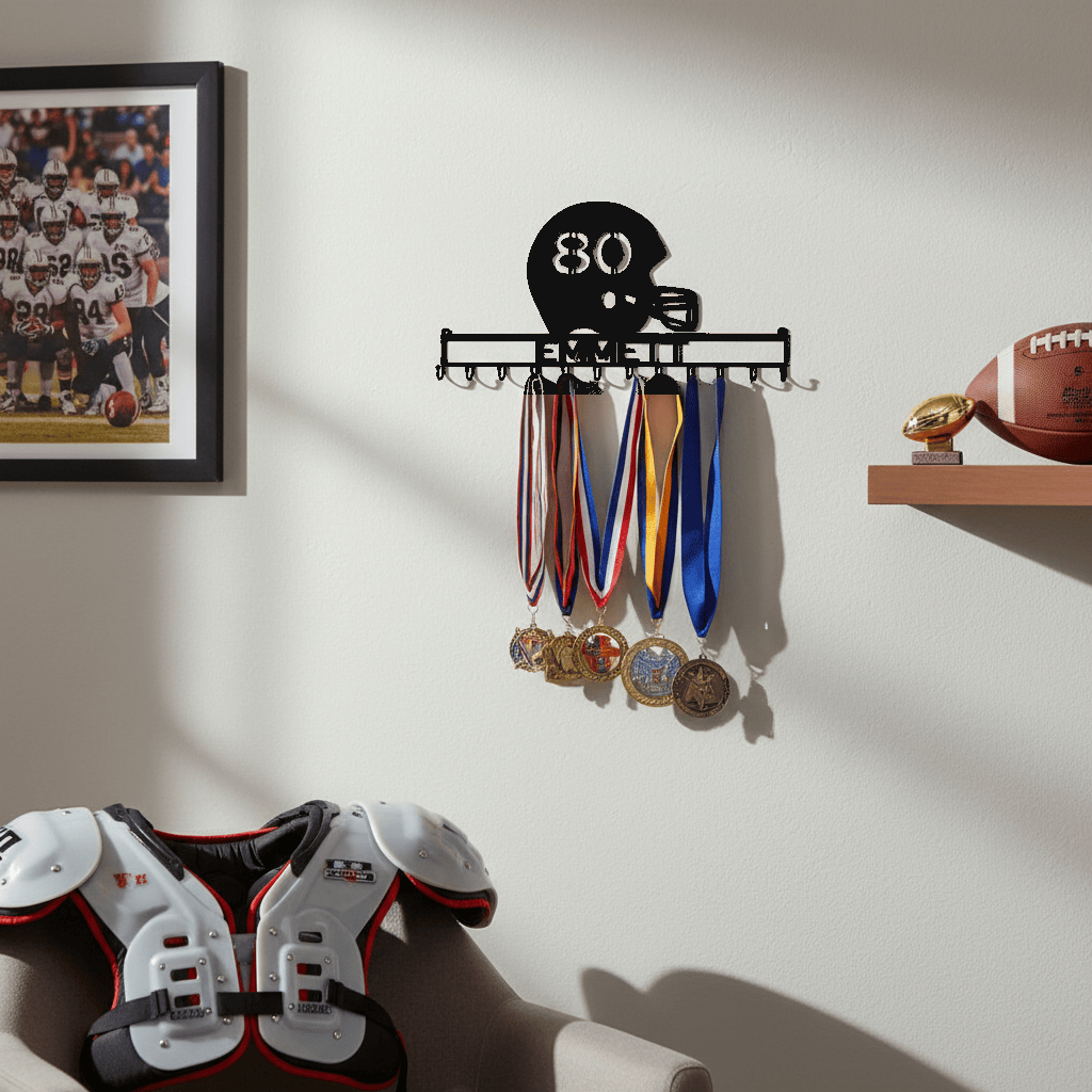 Rusty Rooster Fabrication & Design Physical product Personalized Football Medal Holder – Name & Number (Z26)