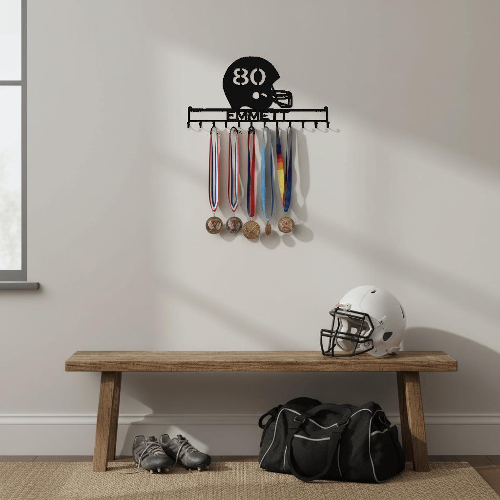Rusty Rooster Fabrication & Design Physical product Personalized Football Medal Holder – Name & Number (Z26)