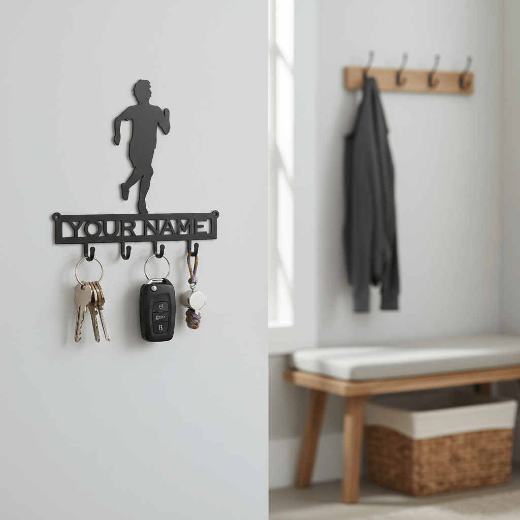 Rusty Rooster Fabrication & Design Physical product "Personalized Motivation: Male Runner Key Holder with Custom Text Field - Stay Organized in Athletic Style!" (H19)