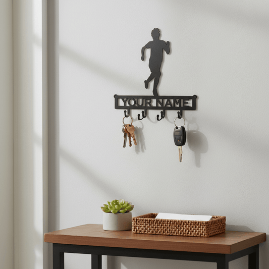 Rusty Rooster Fabrication & Design Physical product "Personalized Motivation: Male Runner Key Holder with Custom Text Field - Stay Organized in Athletic Style!" (H19)