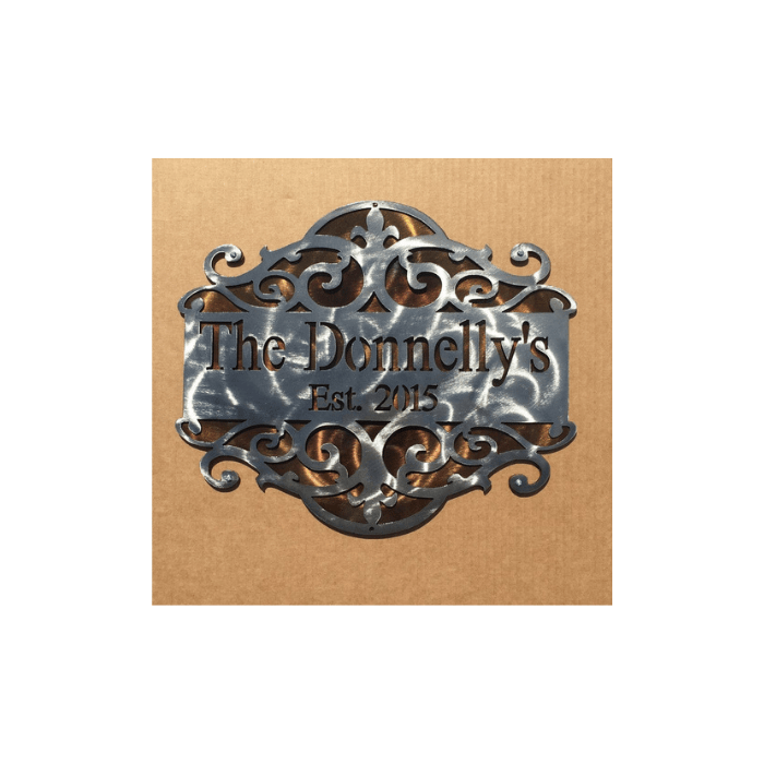 Rusty Rooster Fabrication & Design Physical product Personalized Sign with Scroll Design and Backing Plate (j29)