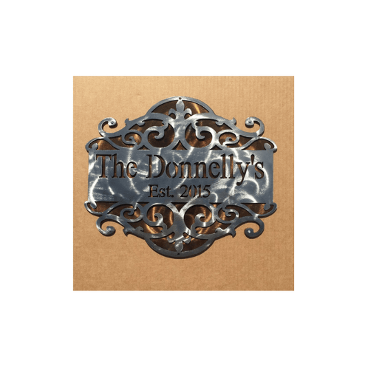 Rusty Rooster Fabrication & Design Physical product Personalized Sign with Scroll Design and Backing Plate (j29)