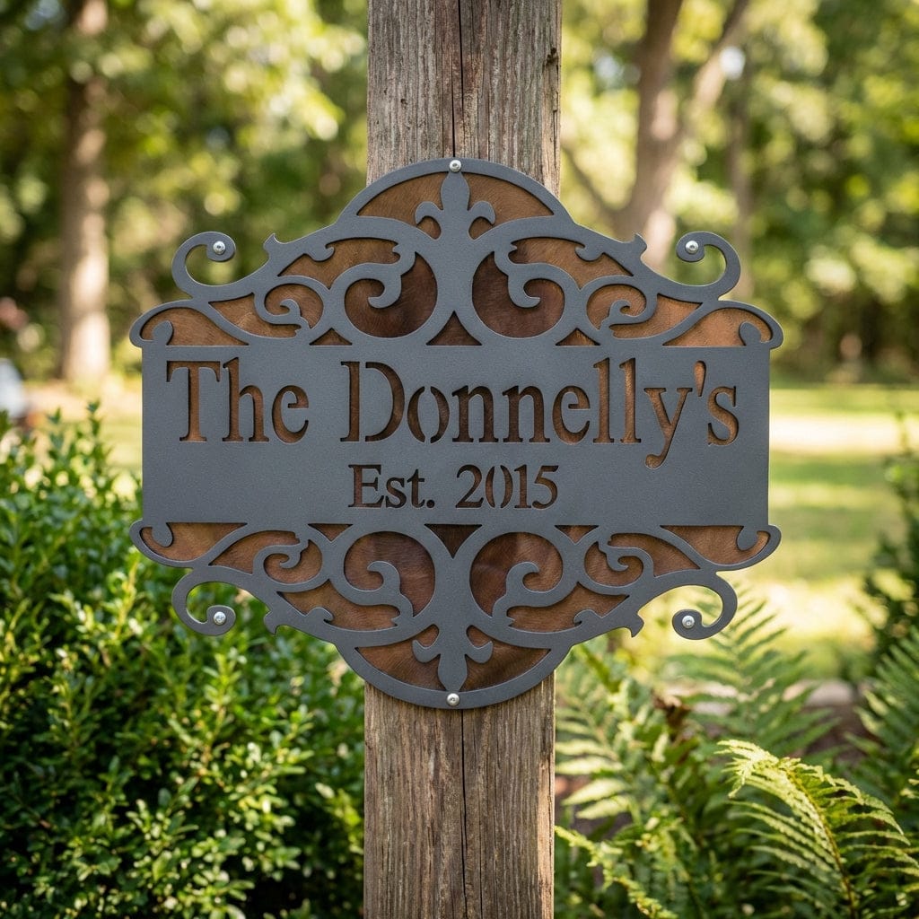 Rusty Rooster Fabrication & Design Physical product Personalized Sign with Scroll Design and Backing Plate (j29)