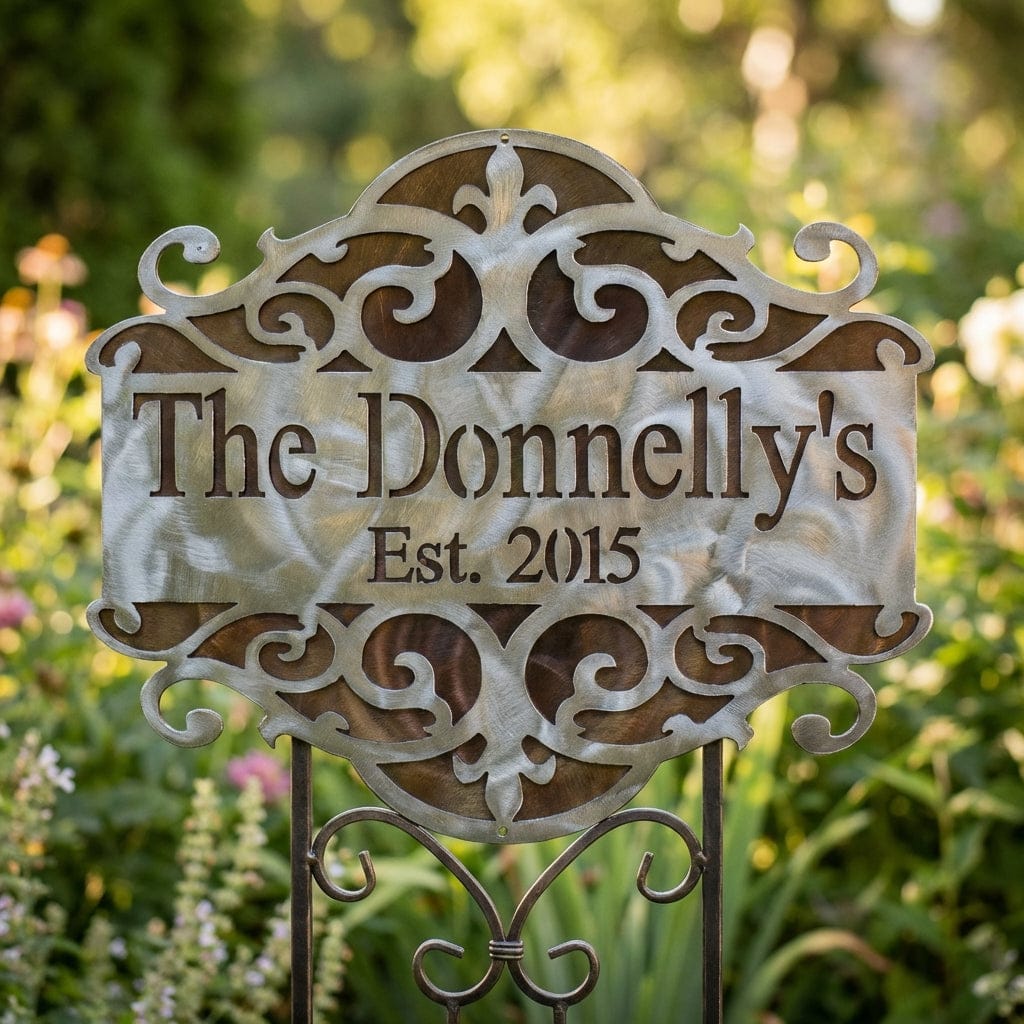 Rusty Rooster Fabrication & Design Physical product Personalized Sign with Scroll Design and Backing Plate (j29)