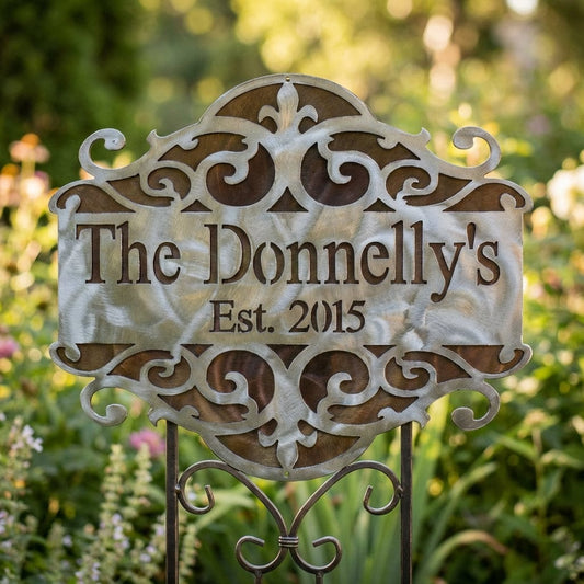 Rusty Rooster Fabrication & Design Physical product Personalized Sign with Scroll Design and Backing Plate (j29)