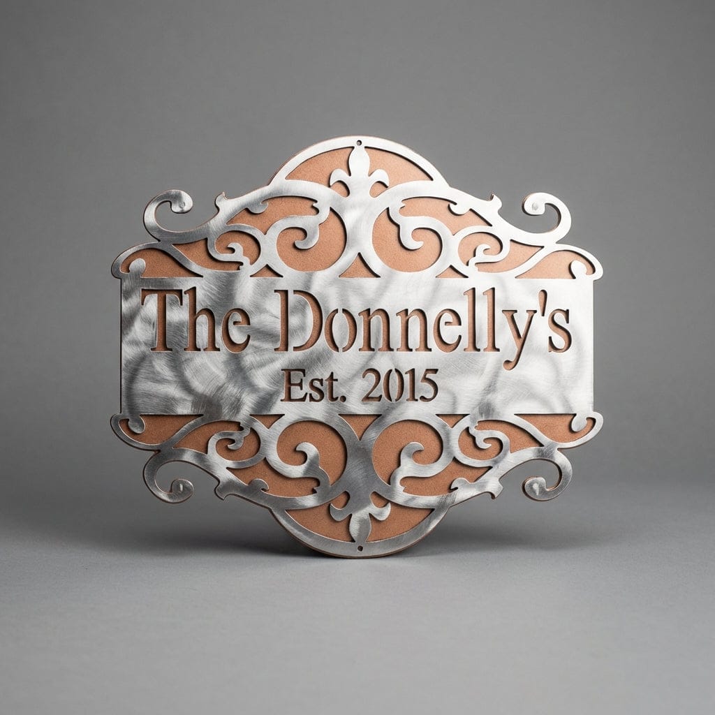 Rusty Rooster Fabrication & Design Physical product Personalized Sign with Scroll Design and Backing Plate (j29)