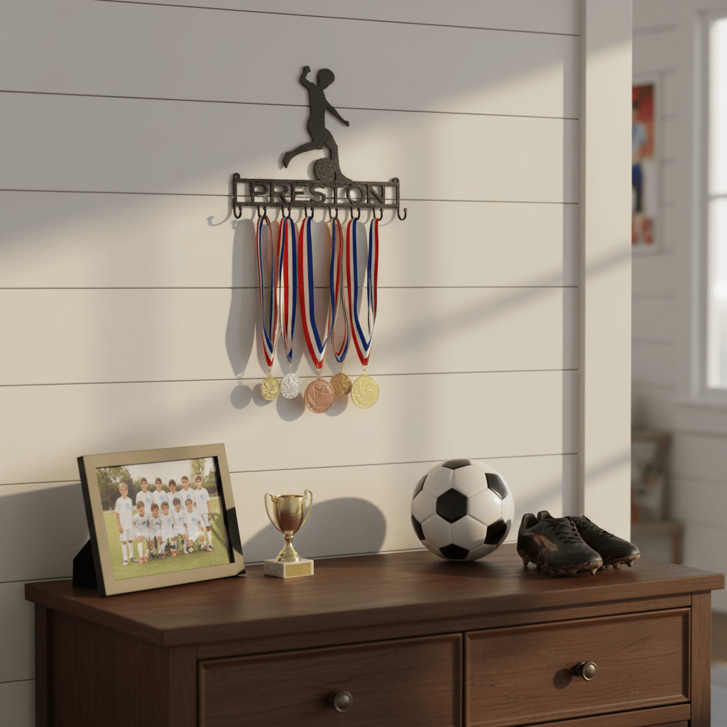 Rusty Rooster Fabrication & Design Physical product Personalized Soccer Medal Holder – Kicking Player (Z23)