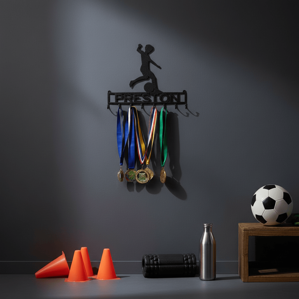 Rusty Rooster Fabrication & Design Physical product Personalized Soccer Medal Holder – Kicking Player (Z23)