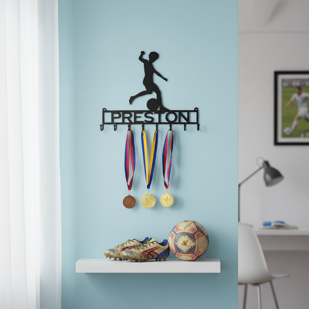 Rusty Rooster Fabrication & Design Physical product Personalized Soccer Medal Holder – Kicking Player (Z23)