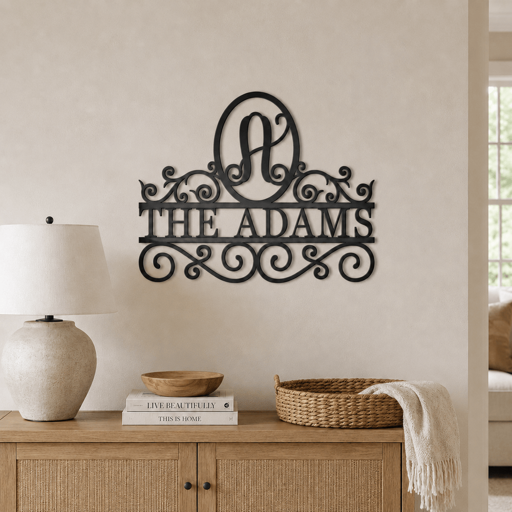 Rusty Rooster Fabrication & Design Physical product Personalized Split Scroll Monogram Metal Sign – Custom Family Name (D71)