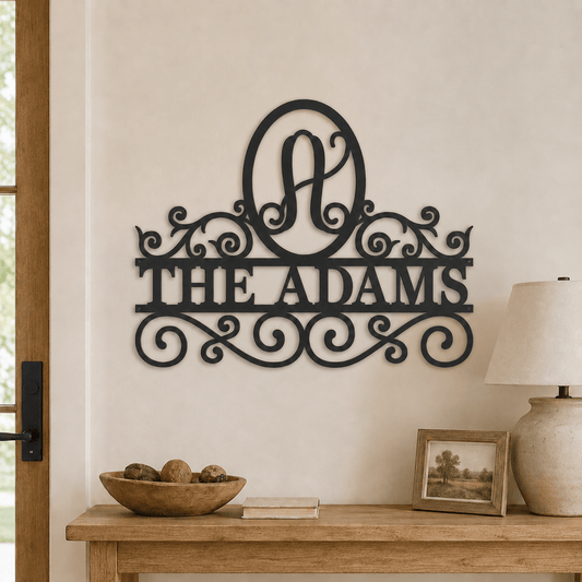 Rusty Rooster Fabrication & Design Physical product Personalized Split Scroll Monogram Metal Sign – Custom Family Name (D71)