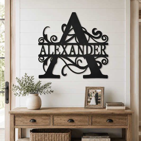Rusty Rooster Fabrication & Design Physical product Personalized Split Swirly Monogram Metal Sign (T30)