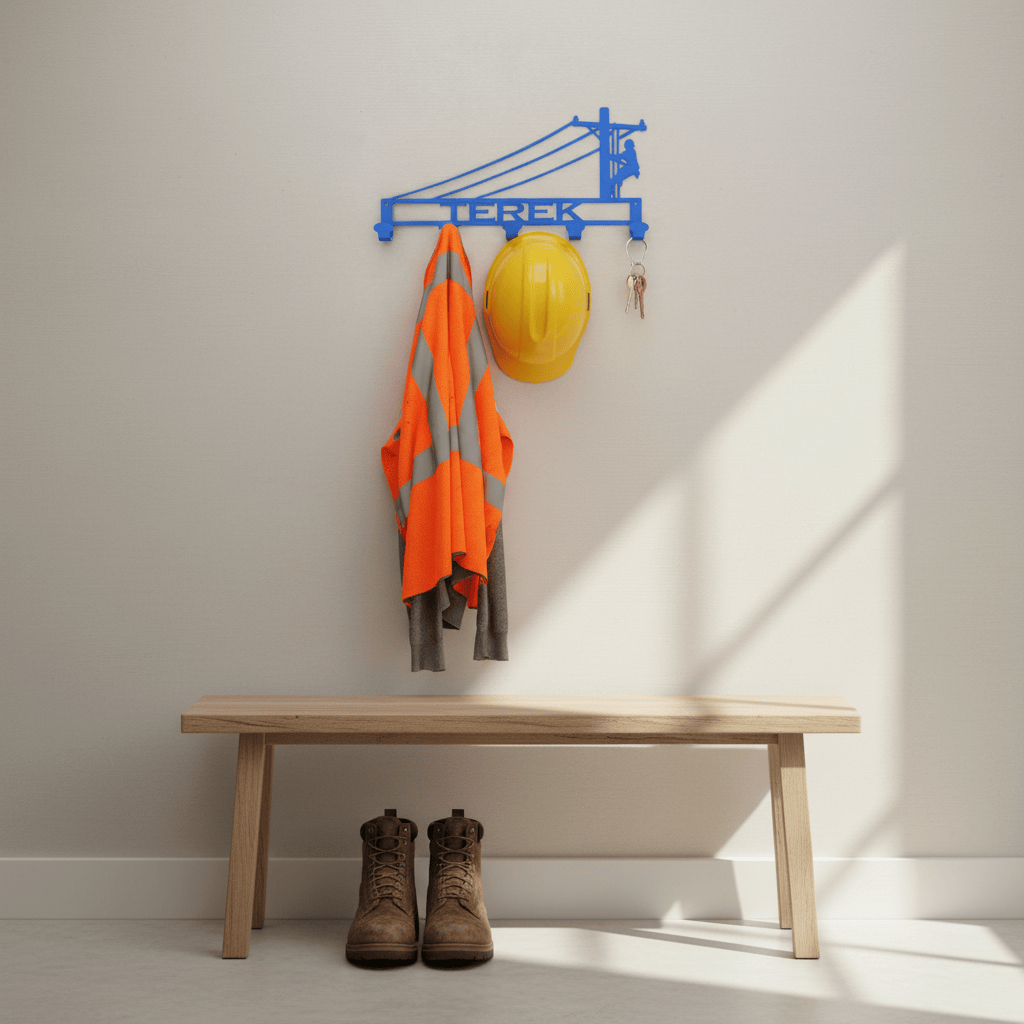 Rusty Rooster Fabrication & Design Physical product "Personalized Tribute: Medal Lineman Sign Coat Hat Rack - Celebrate Lineworkers with Custom Text Field!" (A43)