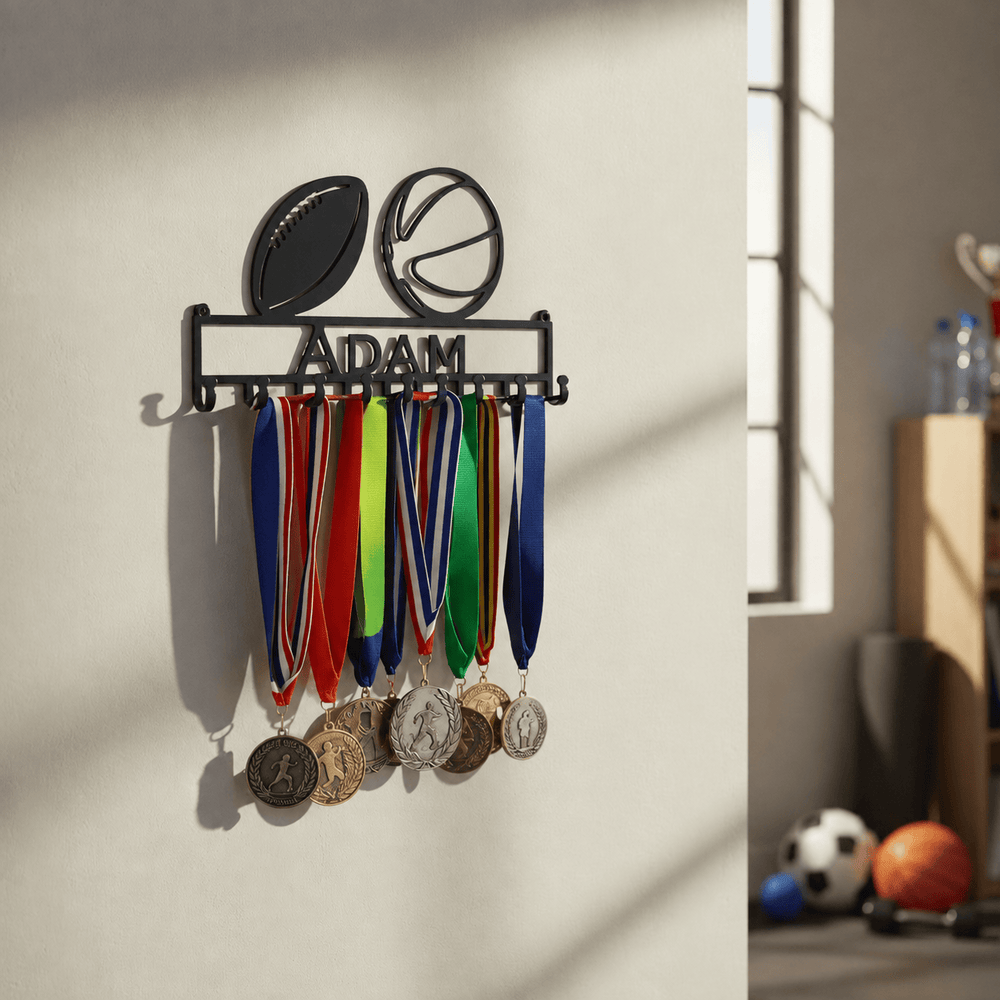 Rusty Rooster Fabrication & Design Physical product Personalized Two-Sport Medal Rack – Custom Name Display (Z24)