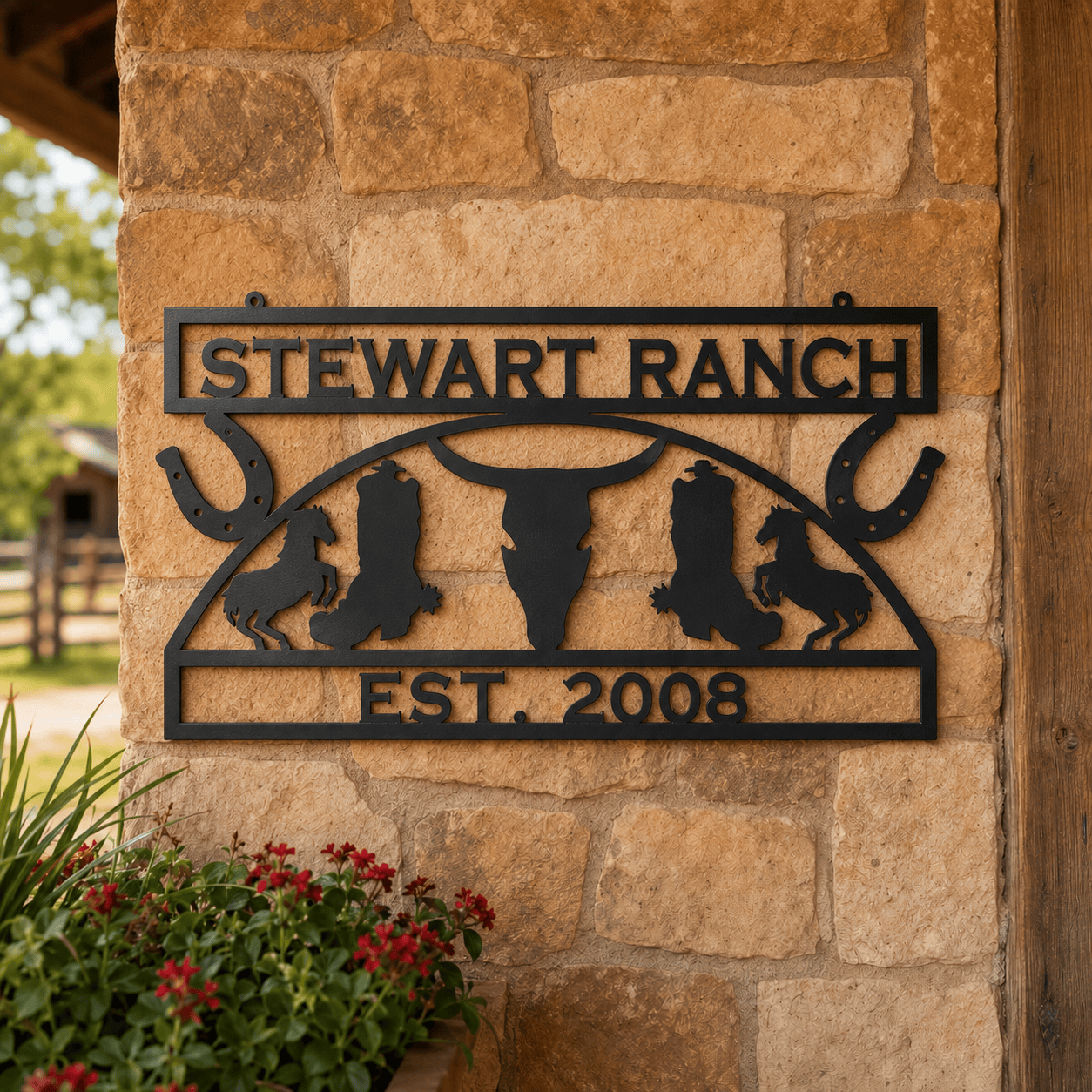 Rusty Rooster Fabrication & Design Physical product Personalized Western Ranch Sign – Cowboy & Longhorn Metal Wall Art (J18)