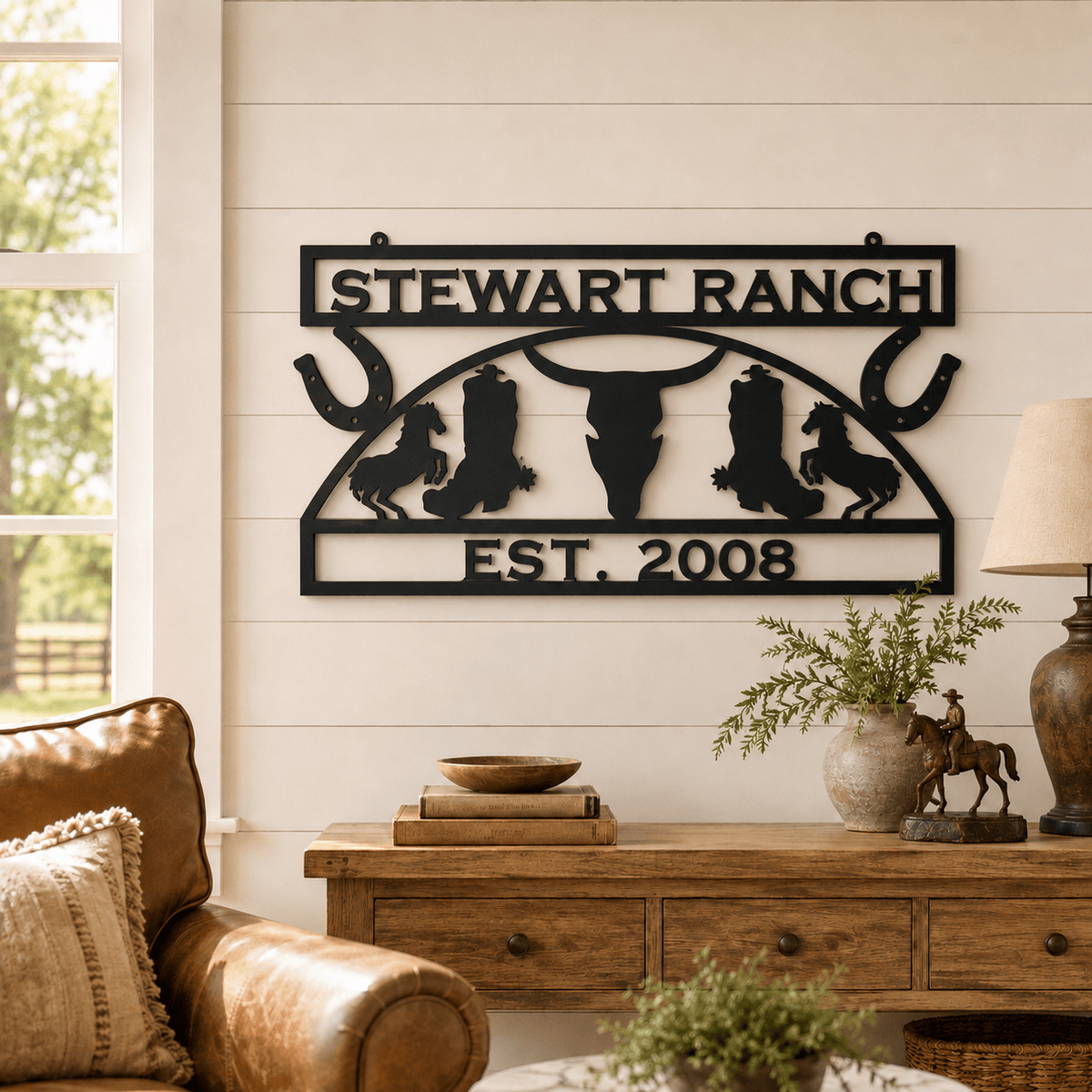 Rusty Rooster Fabrication & Design Physical product Personalized Western Ranch Sign – Cowboy & Longhorn Metal Wall Art (J18)